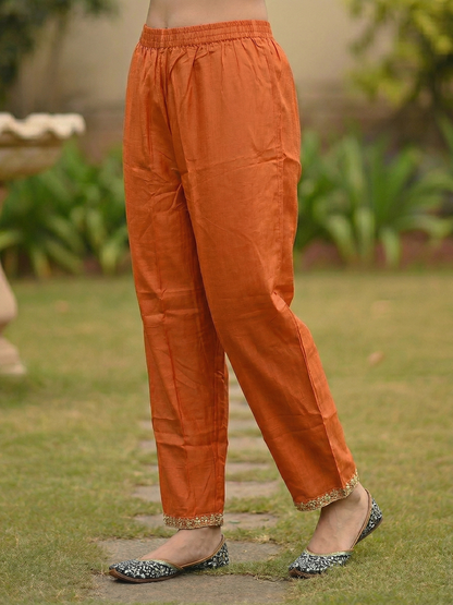 Solid Striped Embroidered A-Line Kurta with Pant - Orange