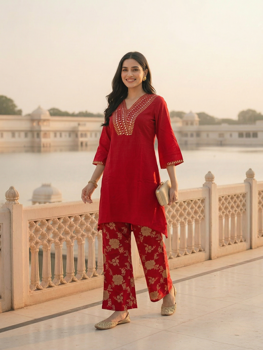 Solid Sequin Embroidered A-Line Kurta with Brocade Palazzo - Red