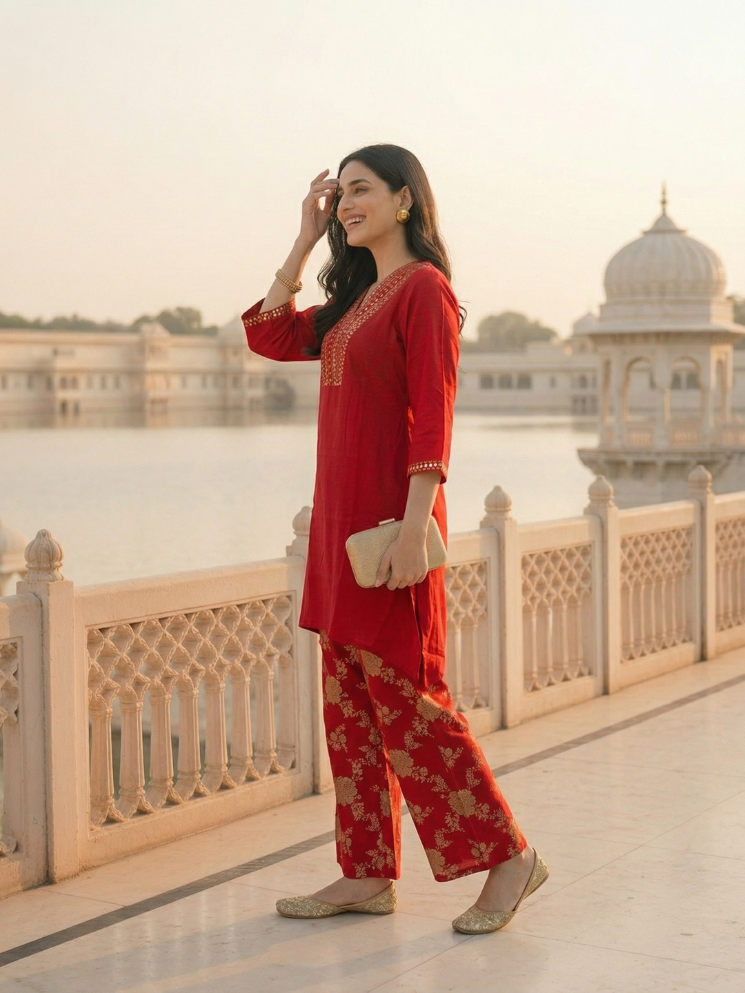 Solid Sequin Embroidered A-Line Kurta with Brocade Palazzo - Red