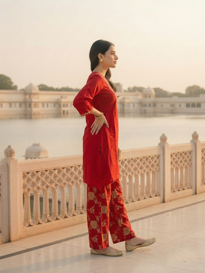 Solid Sequin Embroidered A-Line Kurta with Brocade Palazzo - Red