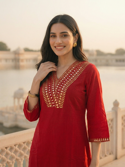 Solid Sequin Embroidered A-Line Kurta with Brocade Palazzo - Red