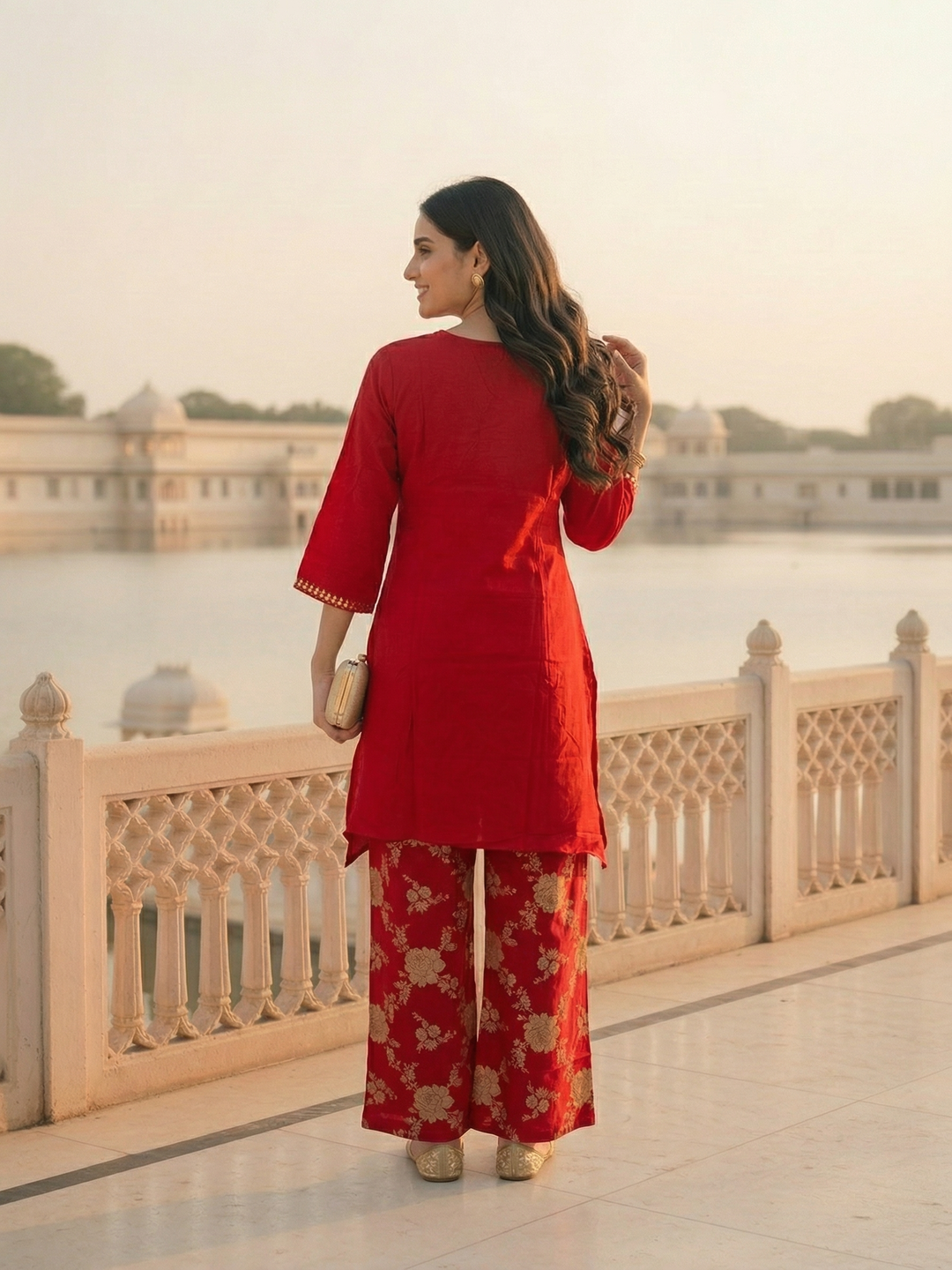 Solid Sequin Embroidered A-Line Kurta with Brocade Palazzo - Red