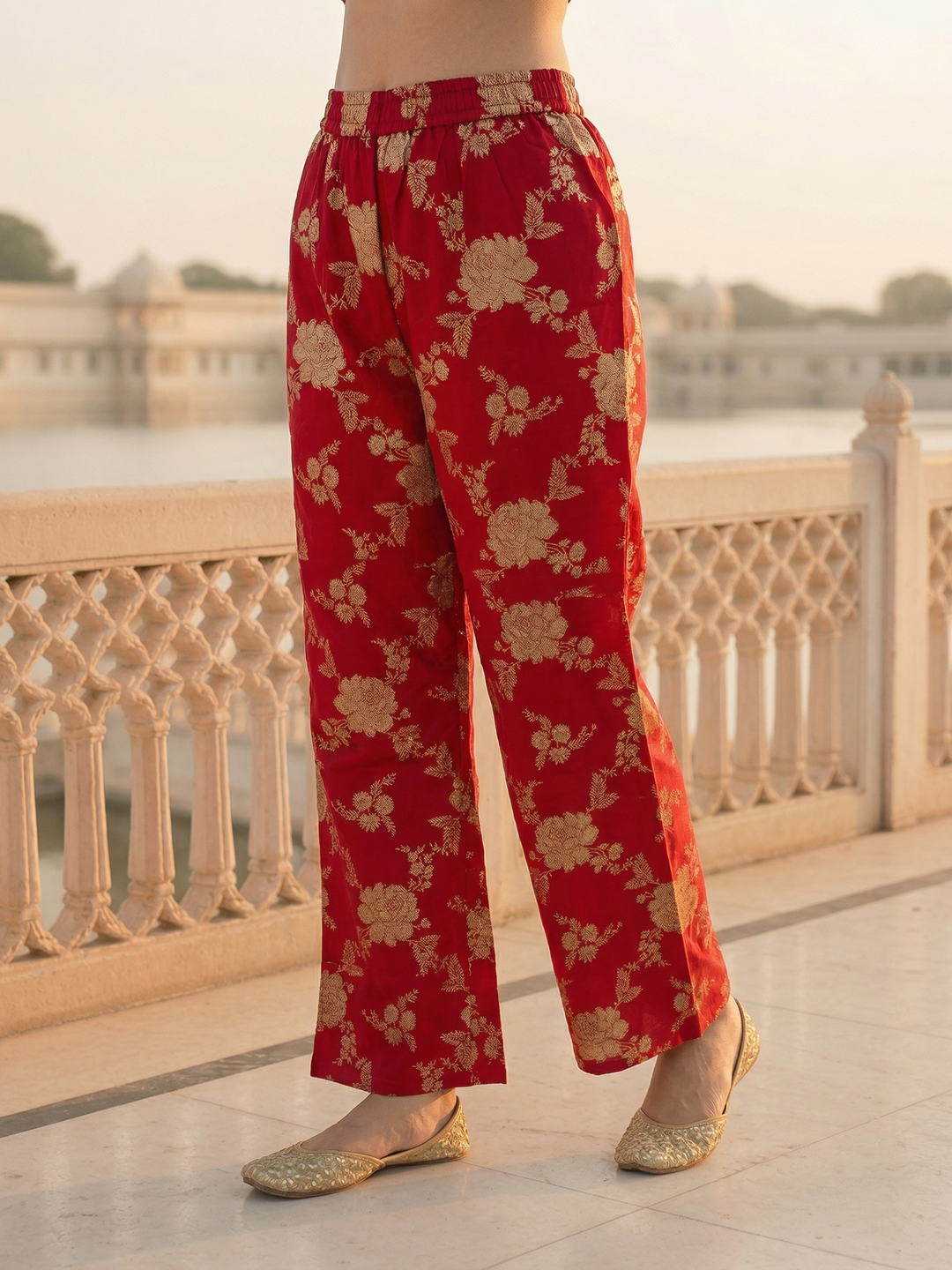 Solid Sequin Embroidered A-Line Kurta with Brocade Palazzo - Red