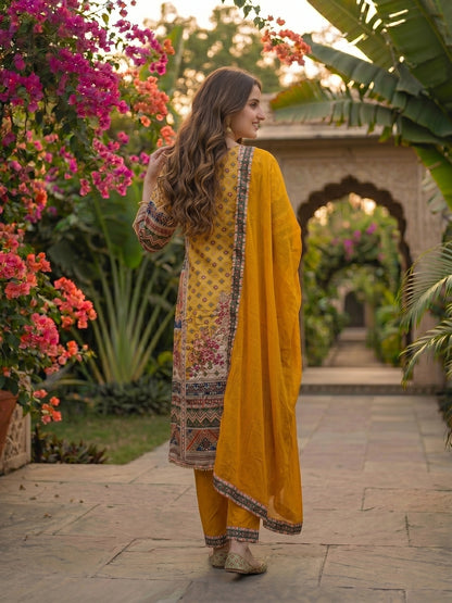Ethnic Embroidered A-Line Kurta with Palazzo & Dupatta - Yellow