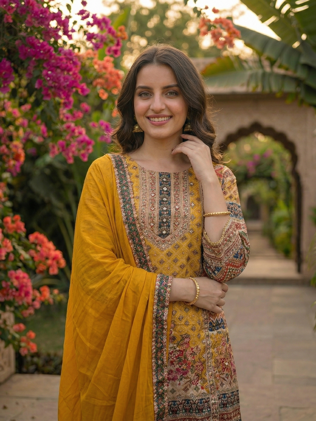 Ethnic Embroidered A-Line Kurta with Palazzo & Dupatta - Yellow