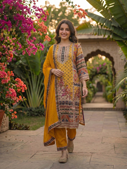 Ethnic Embroidered A-Line Kurta with Palazzo & Dupatta - Yellow
