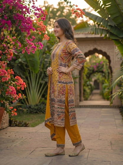 Ethnic Embroidered A-Line Kurta with Palazzo & Dupatta - Yellow