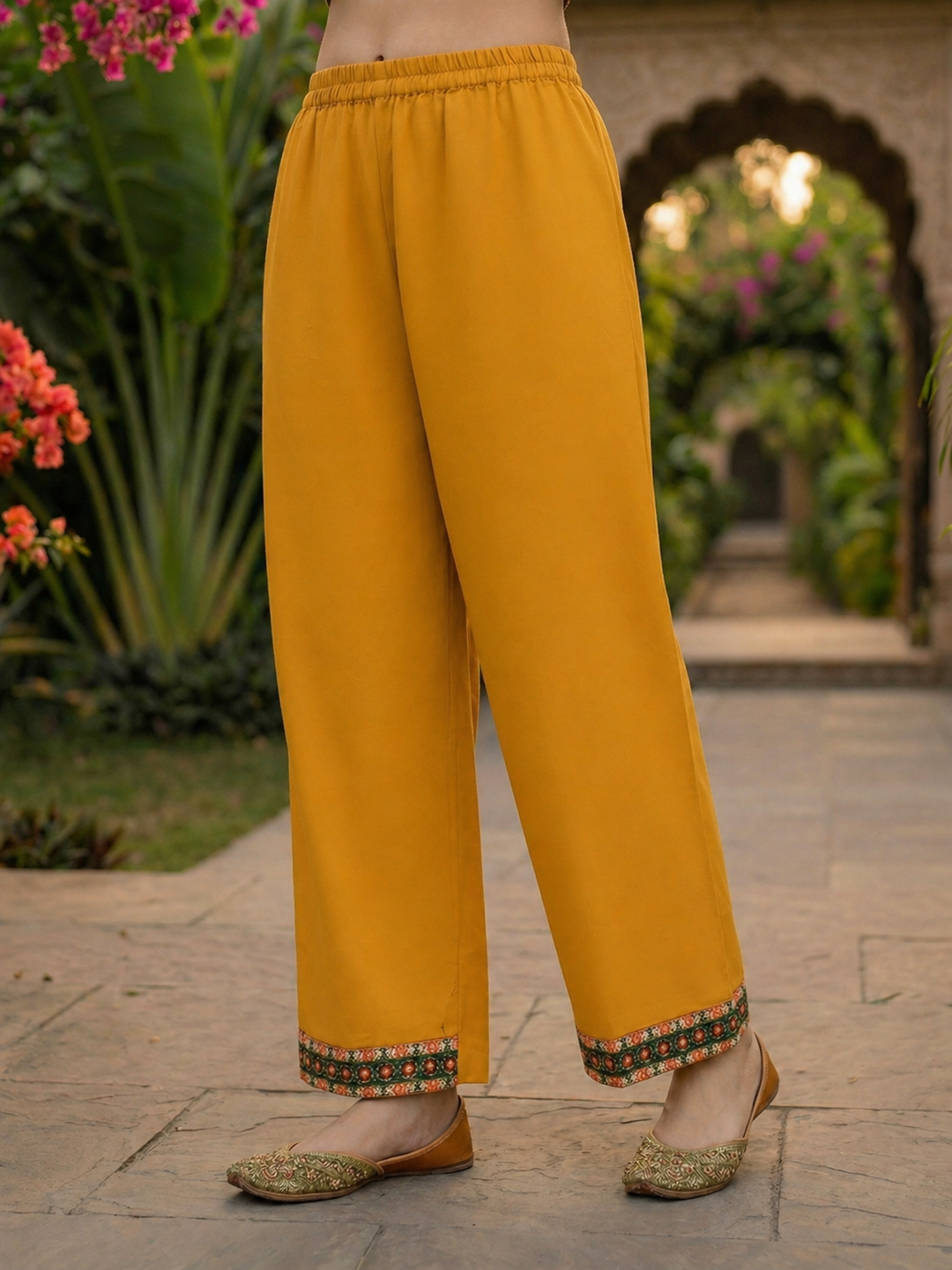 Ethnic Embroidered A-Line Kurta with Palazzo & Dupatta - Yellow