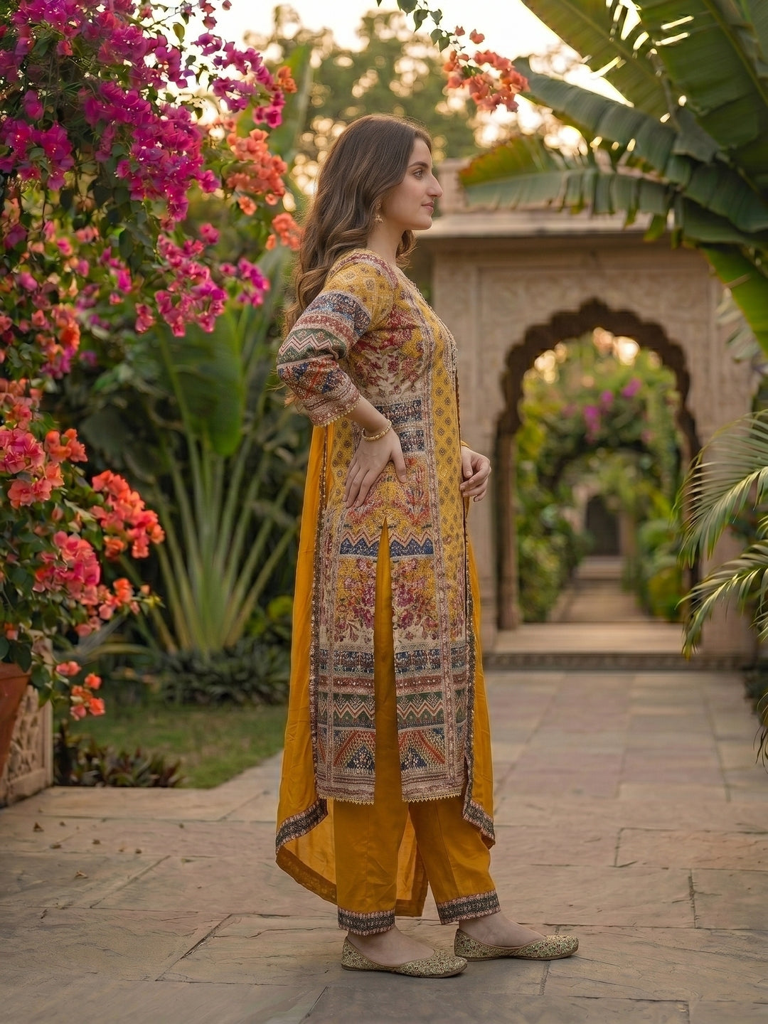 Ethnic Embroidered A-Line Kurta with Palazzo & Dupatta - Yellow
