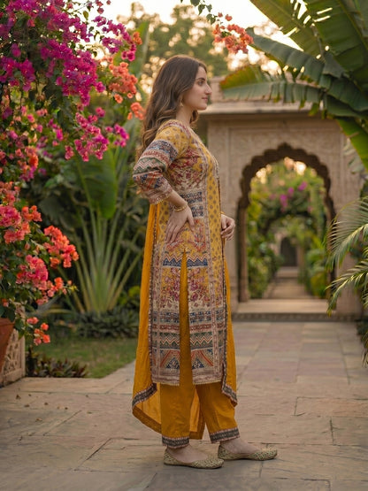 Ethnic Embroidered A-Line Kurta with Palazzo & Dupatta - Yellow