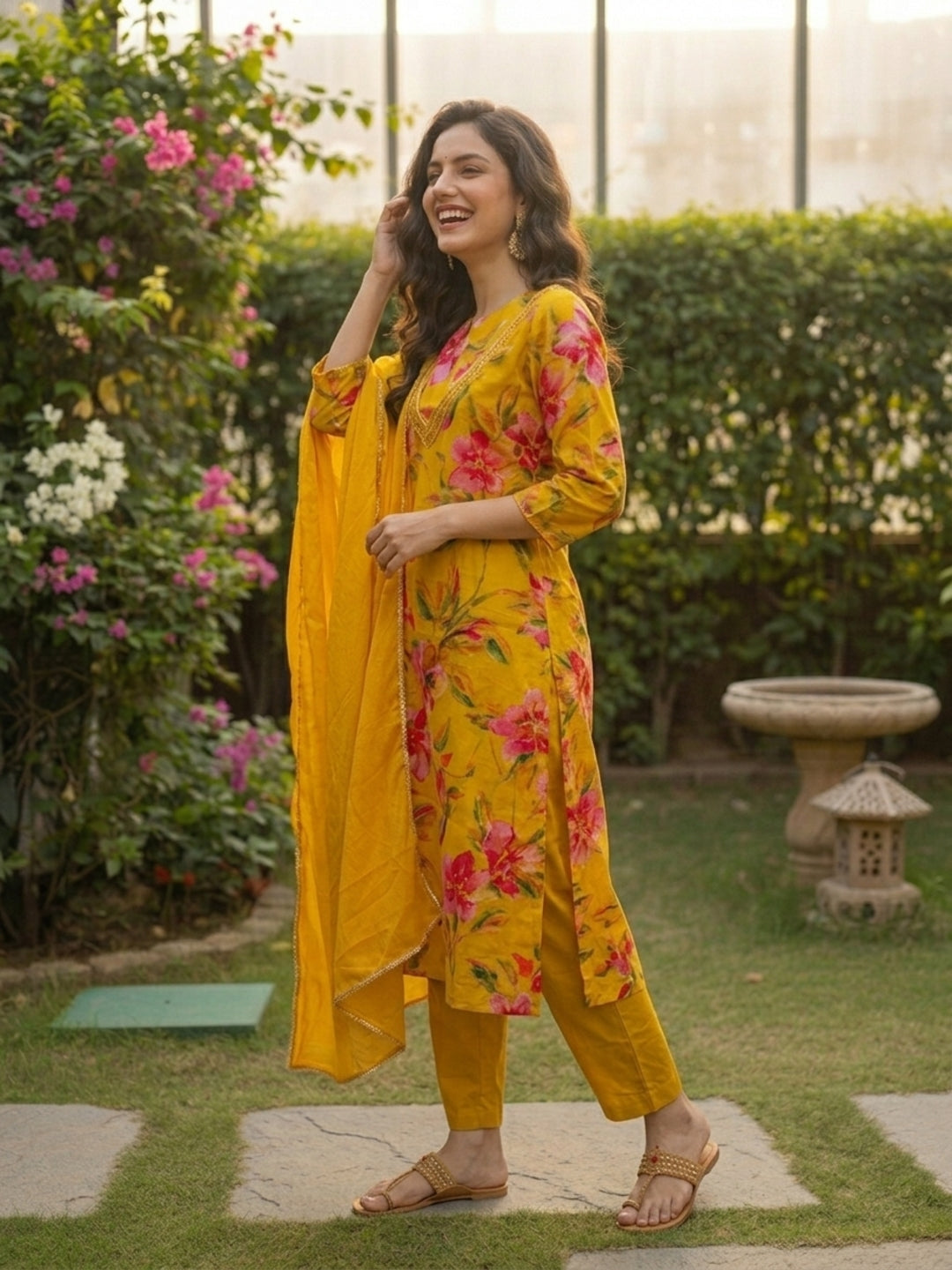 Floral Printed Embellished Straight Kurta with Pant & Dupatta - Yellow