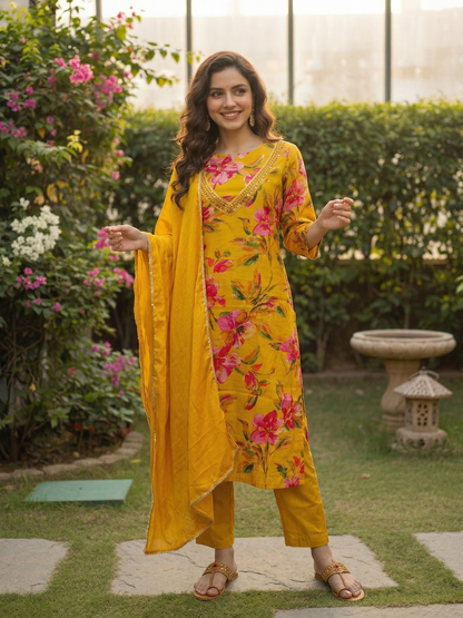 Floral Printed Embellished Straight Kurta with Pant & Dupatta - Yellow
