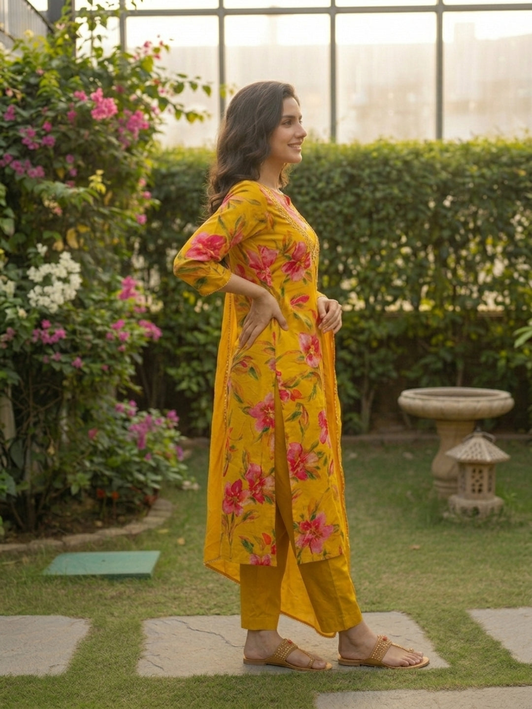 Floral Printed Embellished Straight Kurta with Pant & Dupatta - Yellow