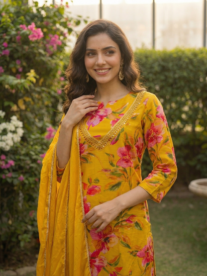 Floral Printed Embellished Straight Kurta with Pant & Dupatta - Yellow