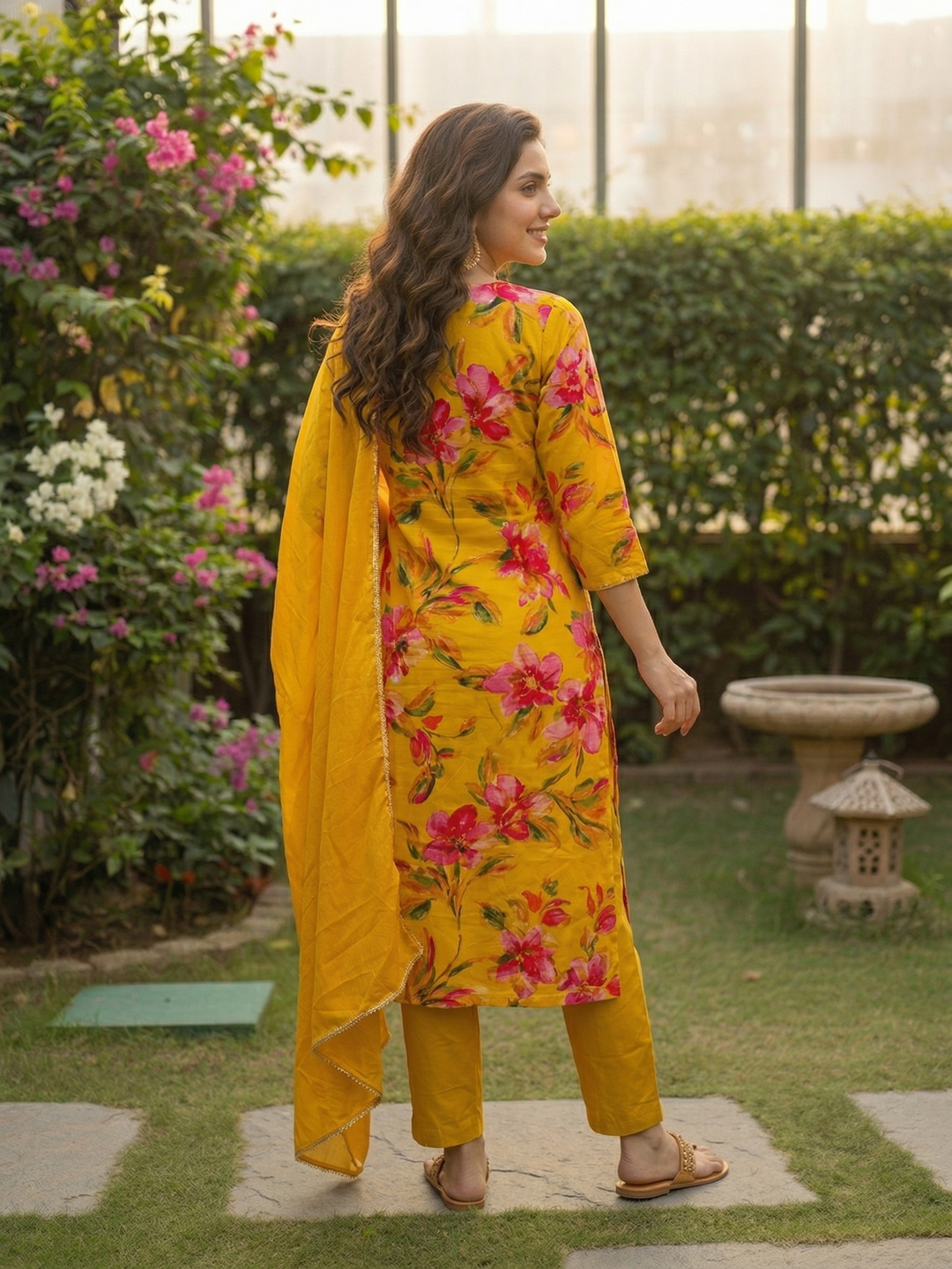 Floral Printed Embellished Straight Kurta with Pant & Dupatta - Yellow