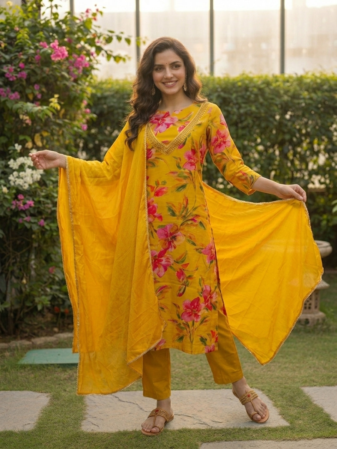 Floral Printed Embellished Straight Kurta with Pant & Dupatta - Yellow