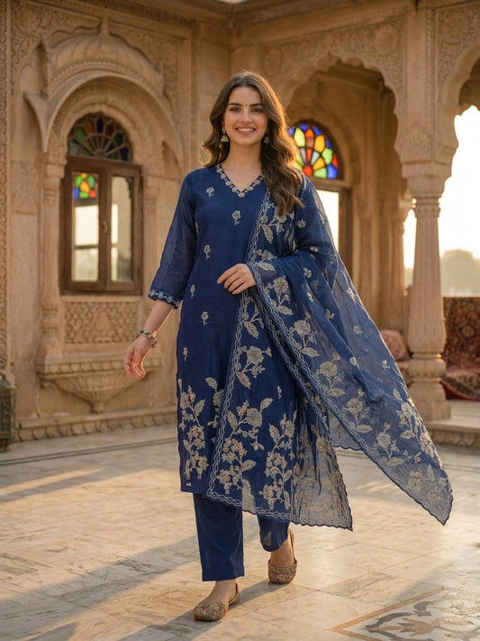 Ethnic Floral Printed & Embroidered Straight Kurta with Pant & Dupatta - Blue