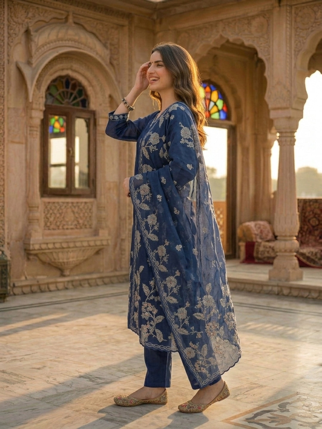 Ethnic Floral Printed & Embroidered Straight Kurta with Pant & Dupatta - Blue