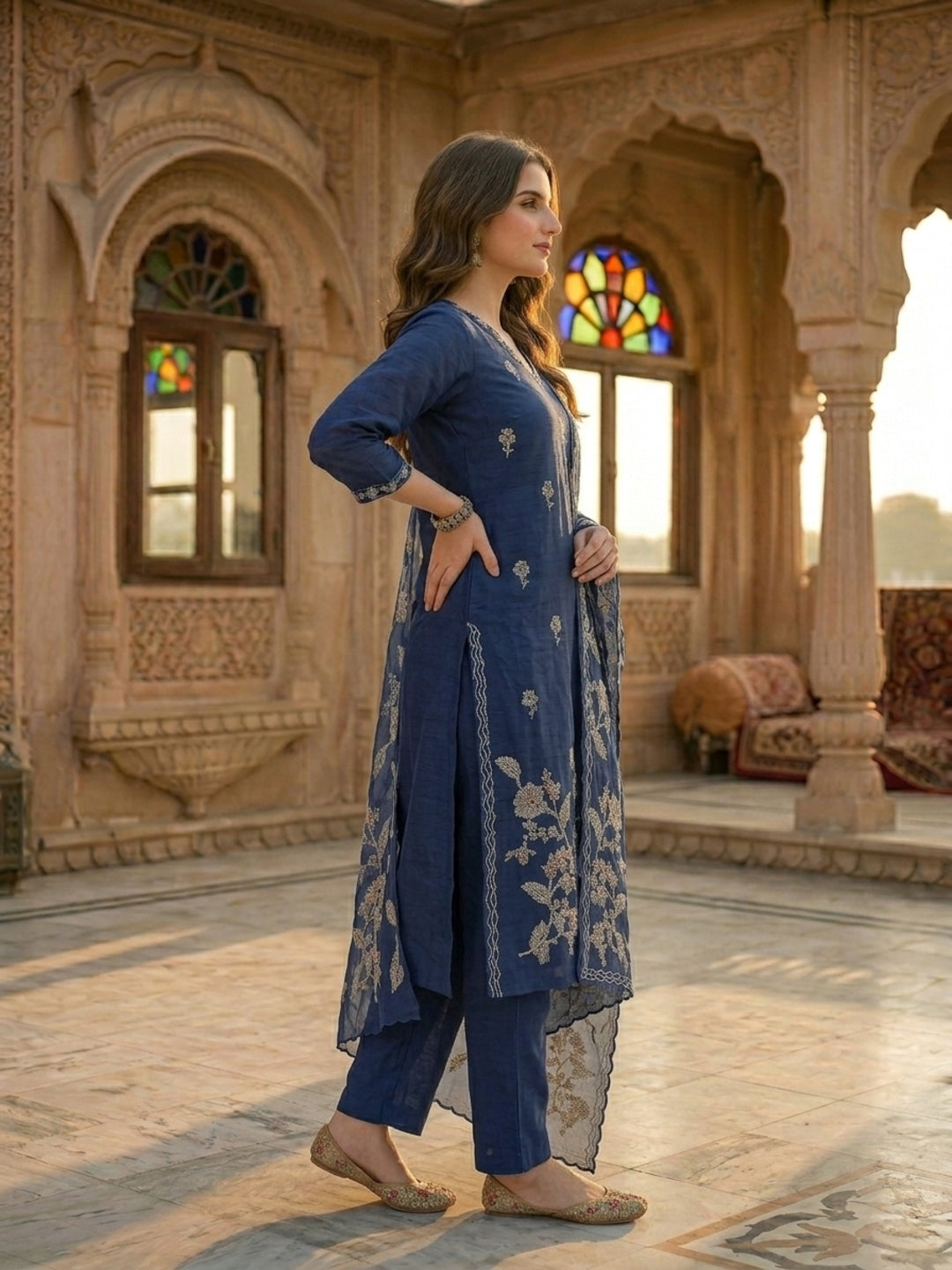 Ethnic Floral Printed & Embroidered Straight Kurta with Pant & Dupatta - Blue