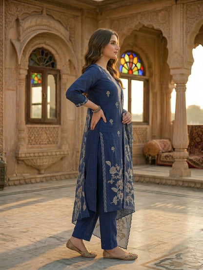 Ethnic Floral Printed & Embroidered Straight Kurta with Pant & Dupatta - Blue