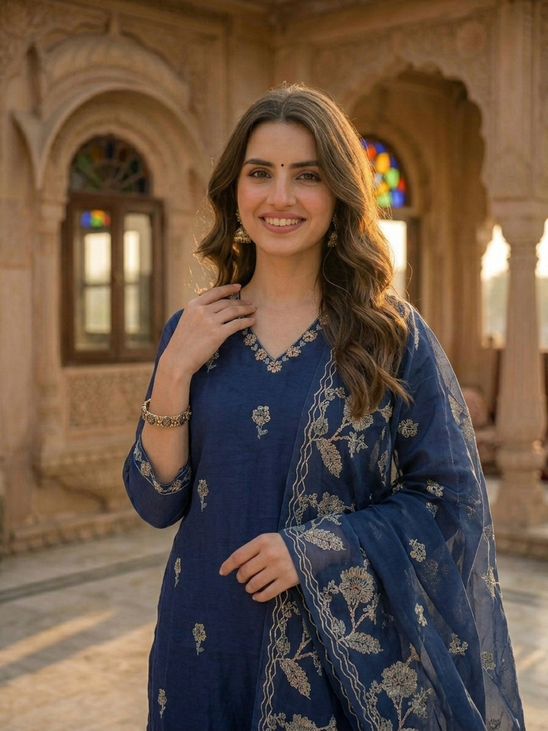 Ethnic Floral Printed & Embroidered Straight Kurta with Pant & Dupatta - Blue