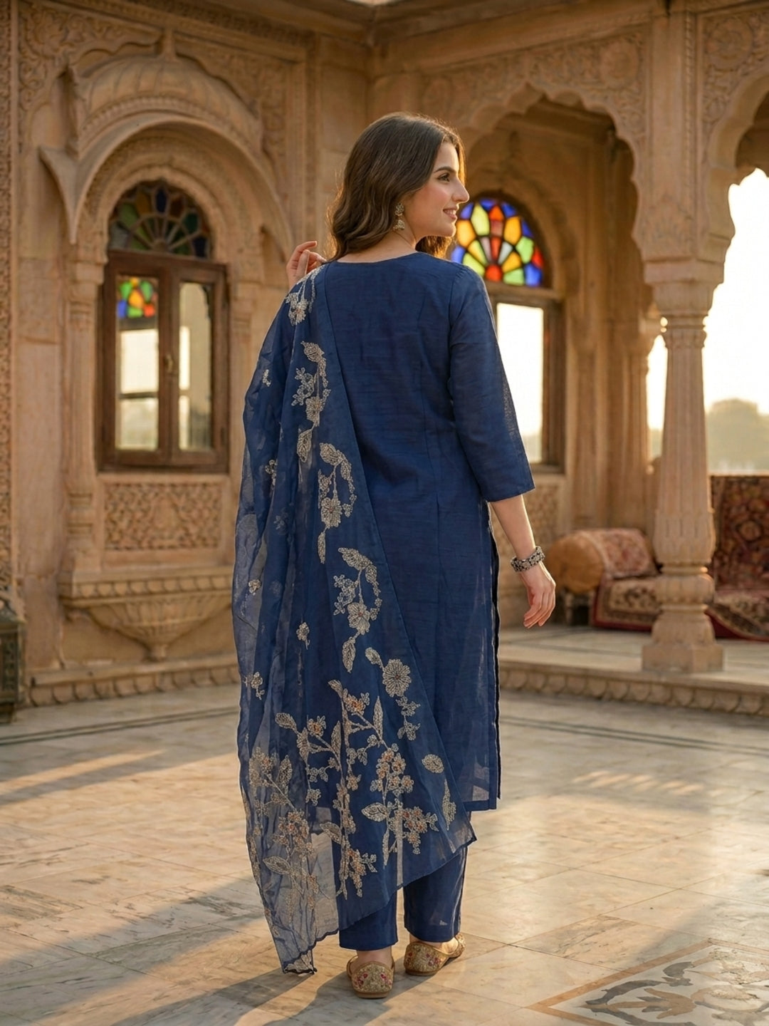 Ethnic Floral Printed & Embroidered Straight Kurta with Pant & Dupatta - Blue