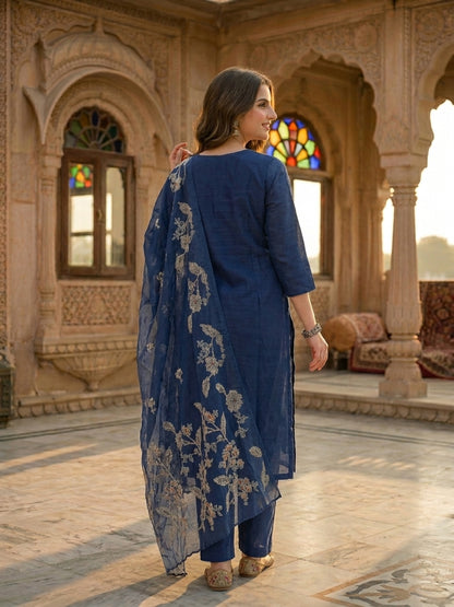 Ethnic Floral Printed & Embroidered Straight Kurta with Pant & Dupatta - Blue
