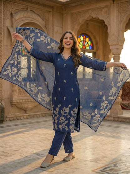 Ethnic Floral Printed & Embroidered Straight Kurta with Pant & Dupatta - Blue