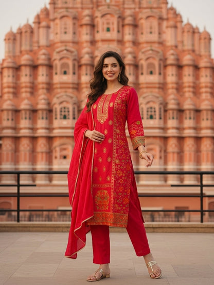 Ethnic Printed & Embroidered Straight Kurta with Pant & Dupatta - Pink
