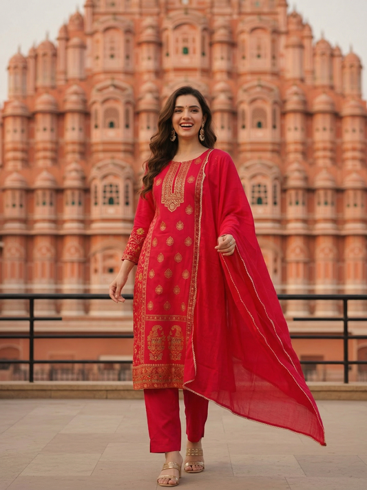 Ethnic Printed & Embroidered Straight Kurta with Pant & Dupatta - Pink