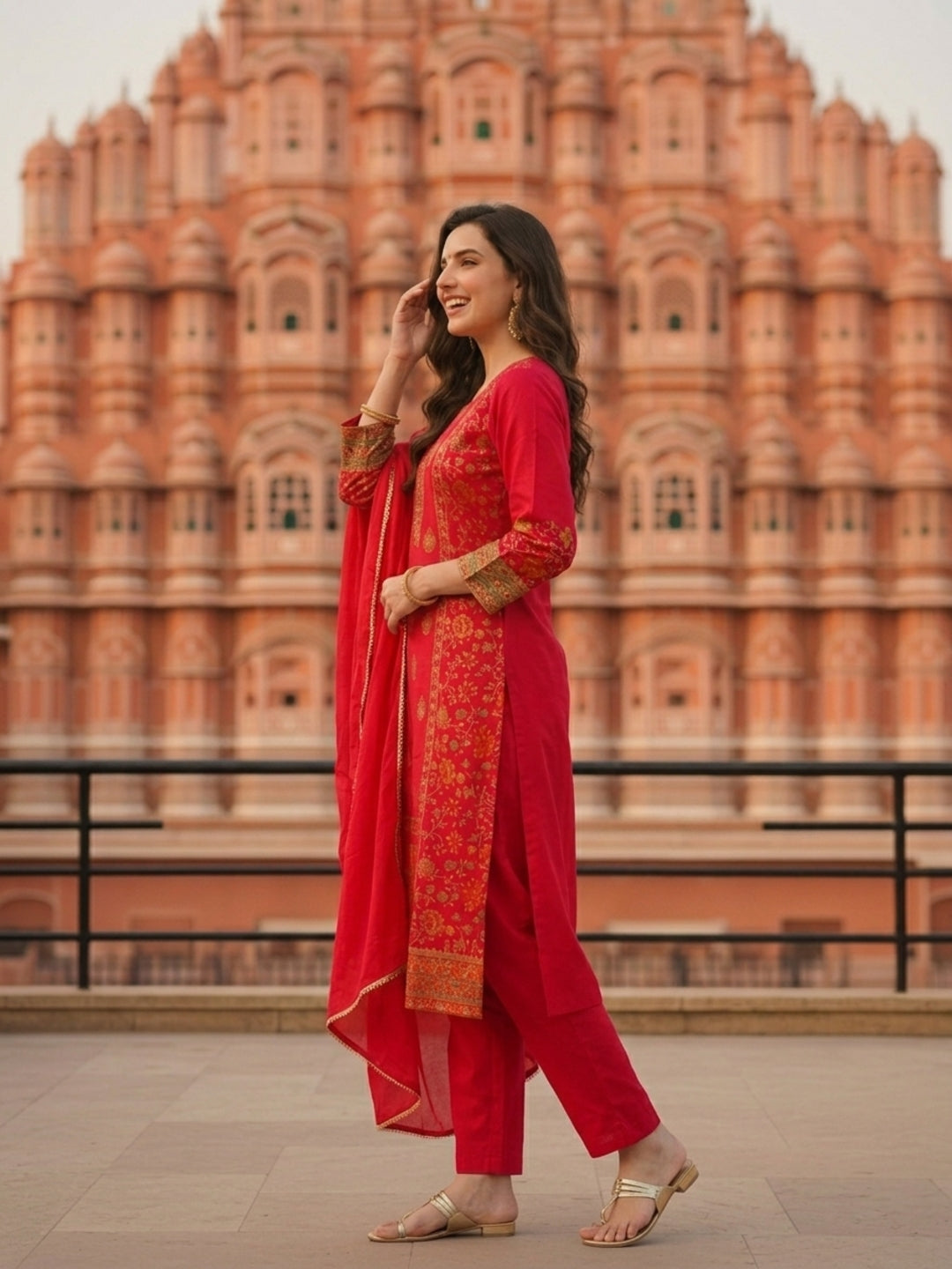 Ethnic Printed & Embroidered Straight Kurta with Pant & Dupatta - Pink