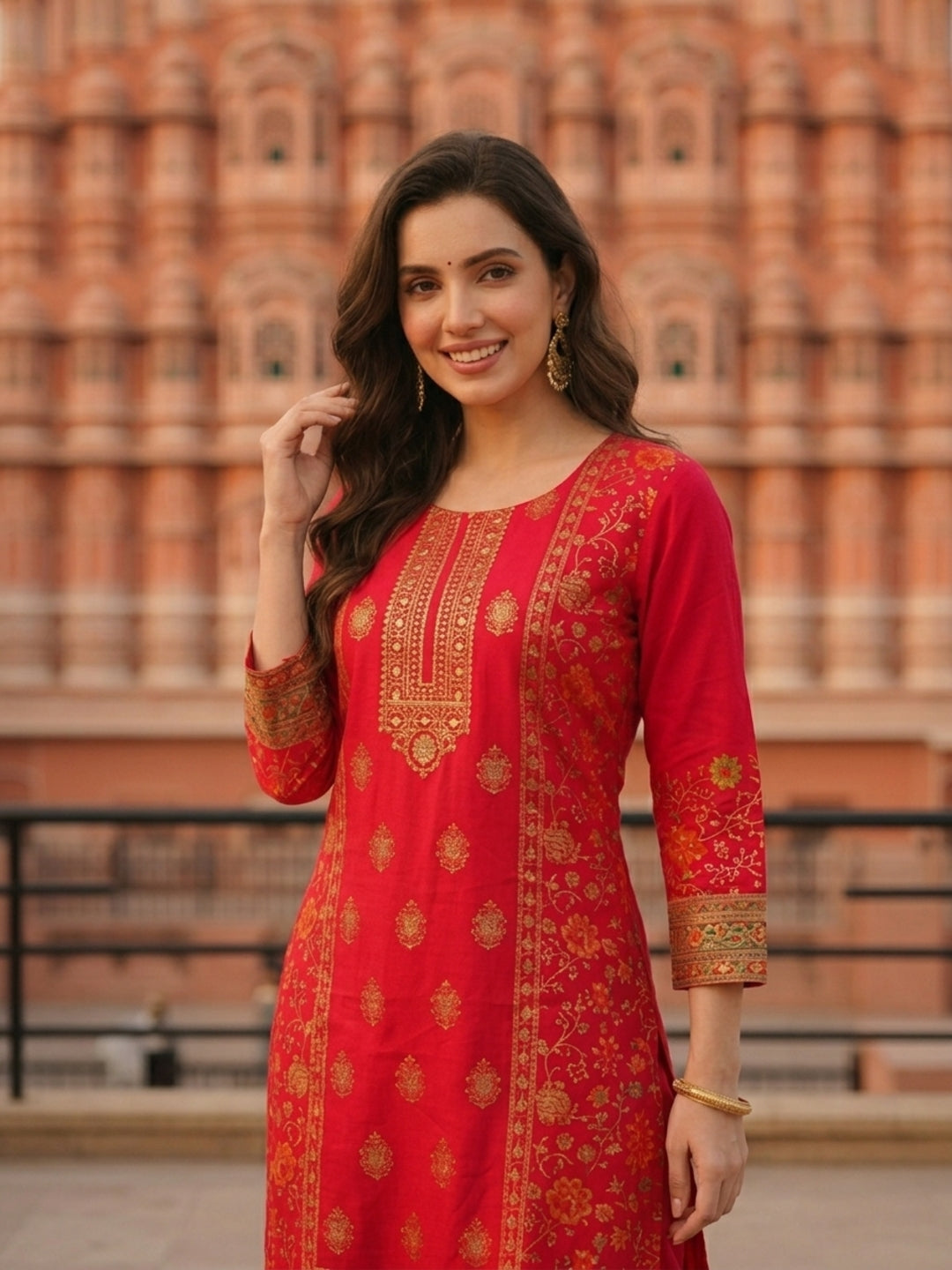 Ethnic Printed & Embroidered Straight Kurta with Pant & Dupatta - Pink