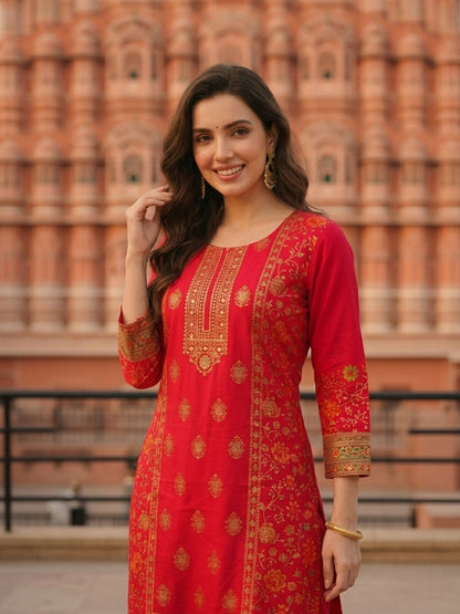 Ethnic Printed & Embroidered Straight Kurta with Pant & Dupatta - Pink