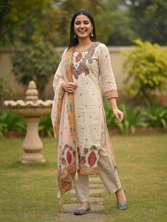 Ethnic Floral Printed & Embroidered Straight Kurta with Pant & Dupatta - Cream