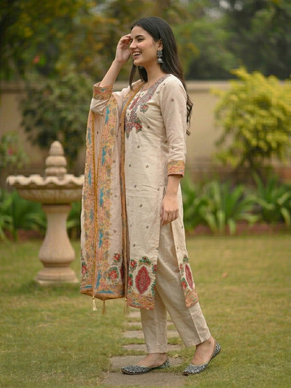 Ethnic Floral Printed & Embroidered Straight Kurta with Pant & Dupatta - Cream