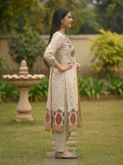 Ethnic Floral Printed & Embroidered Straight Kurta with Pant & Dupatta - Cream