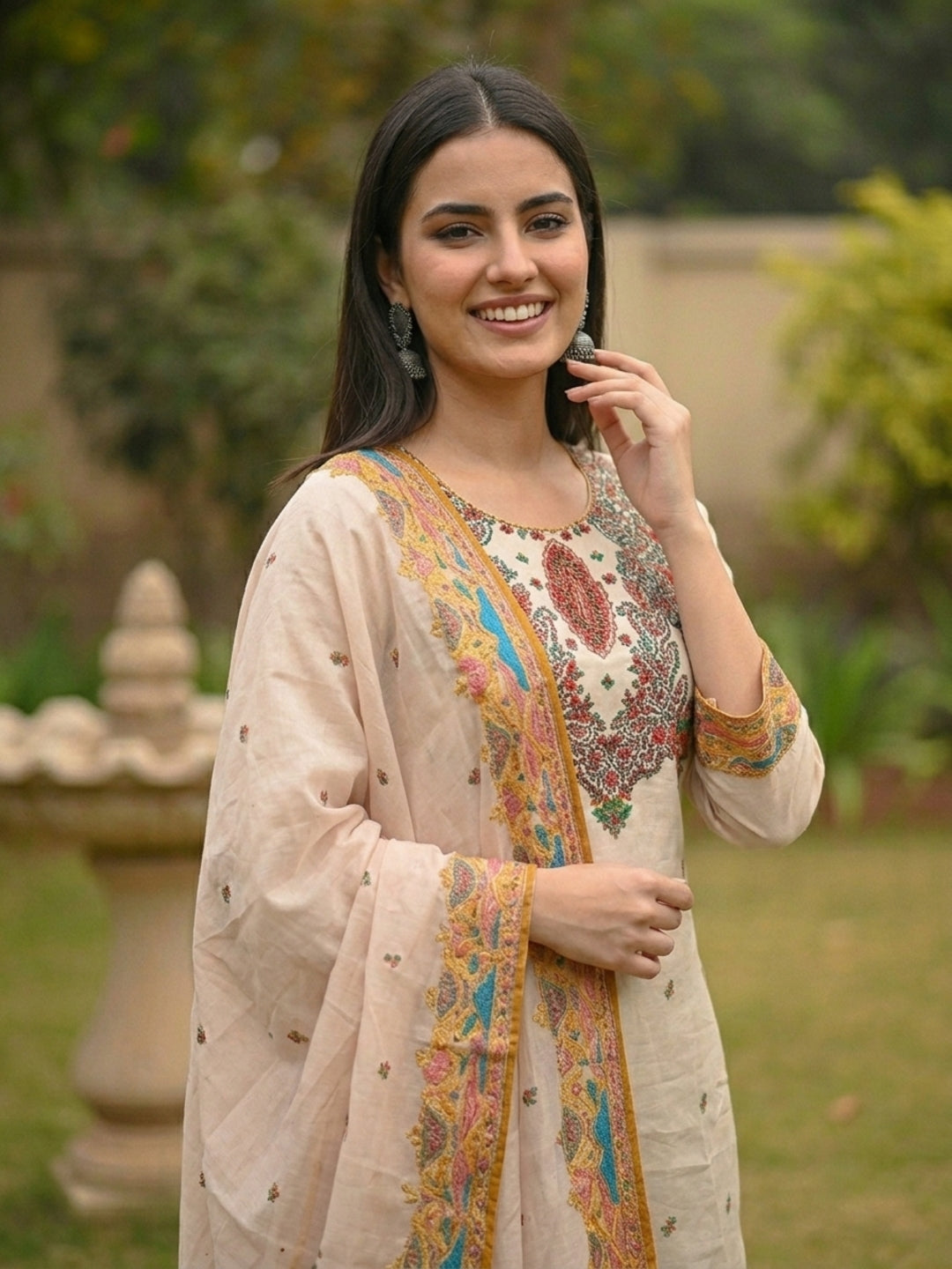 Ethnic Floral Printed & Embroidered Straight Kurta with Pant & Dupatta - Cream