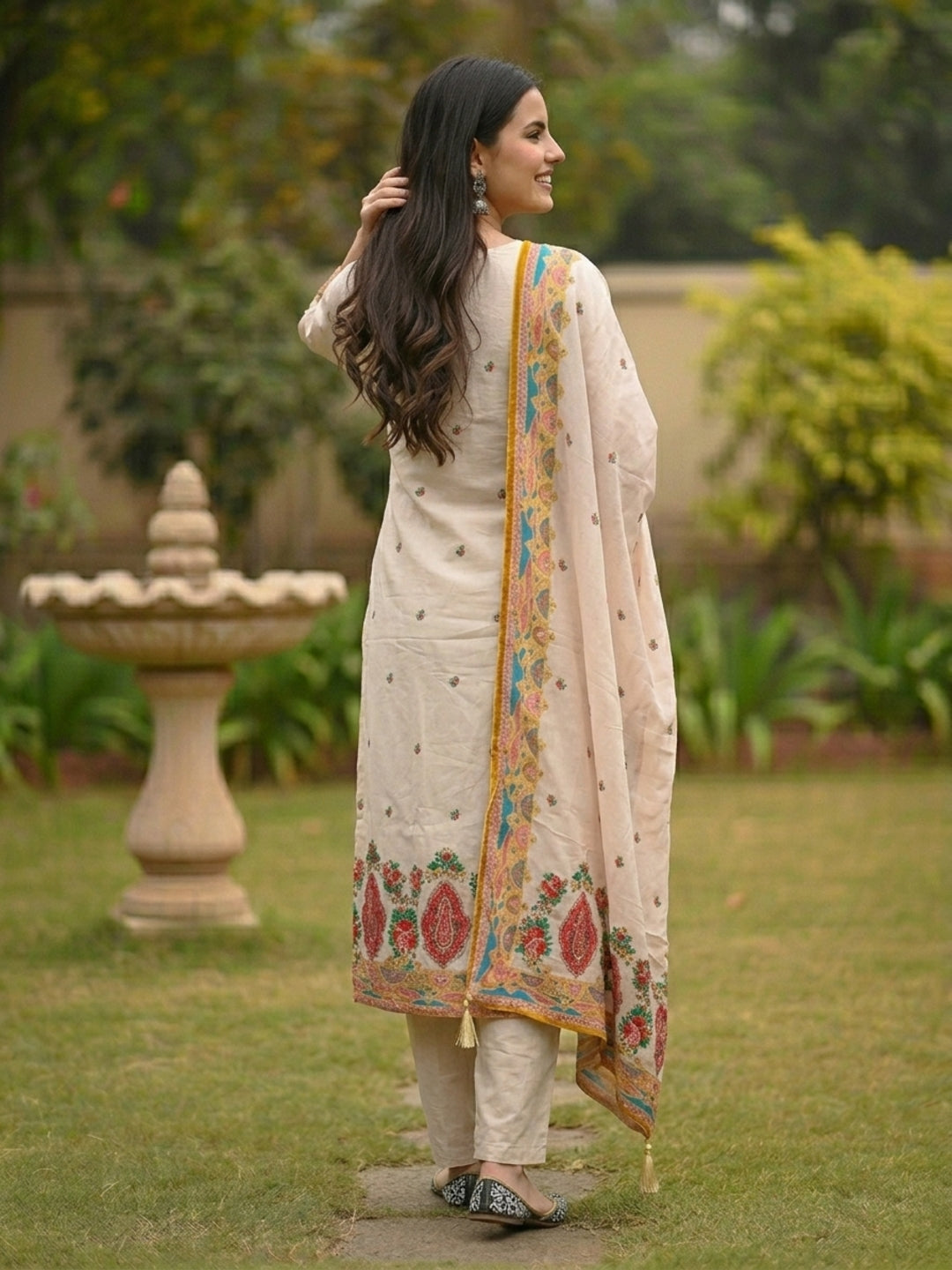 Ethnic Floral Printed & Embroidered Straight Kurta with Pant & Dupatta - Cream