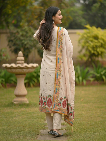 Ethnic Floral Printed & Embroidered Straight Kurta with Pant & Dupatta - Cream