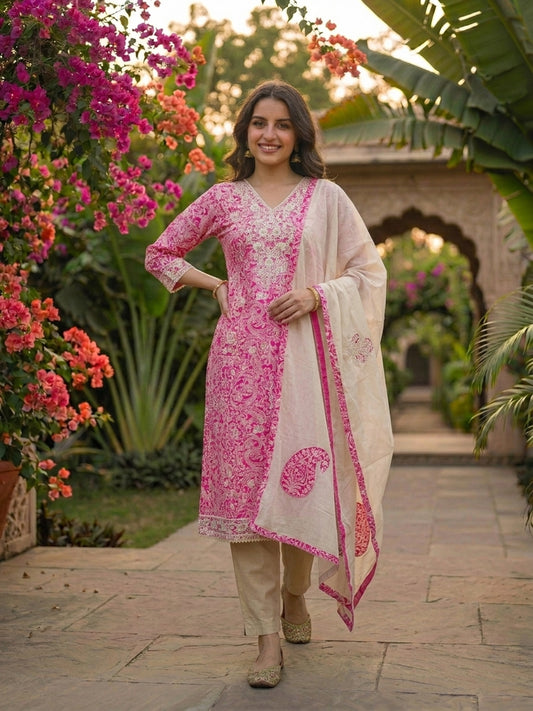 Ethnic Floral Printed Straight Kurta with Pant & Dupatta - Pink