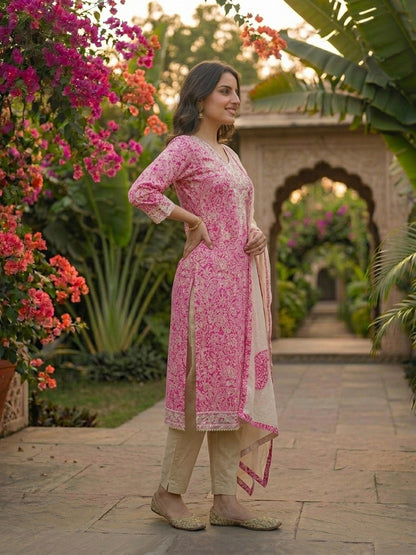 Ethnic Floral Printed Straight Kurta with Pant & Dupatta - Pink