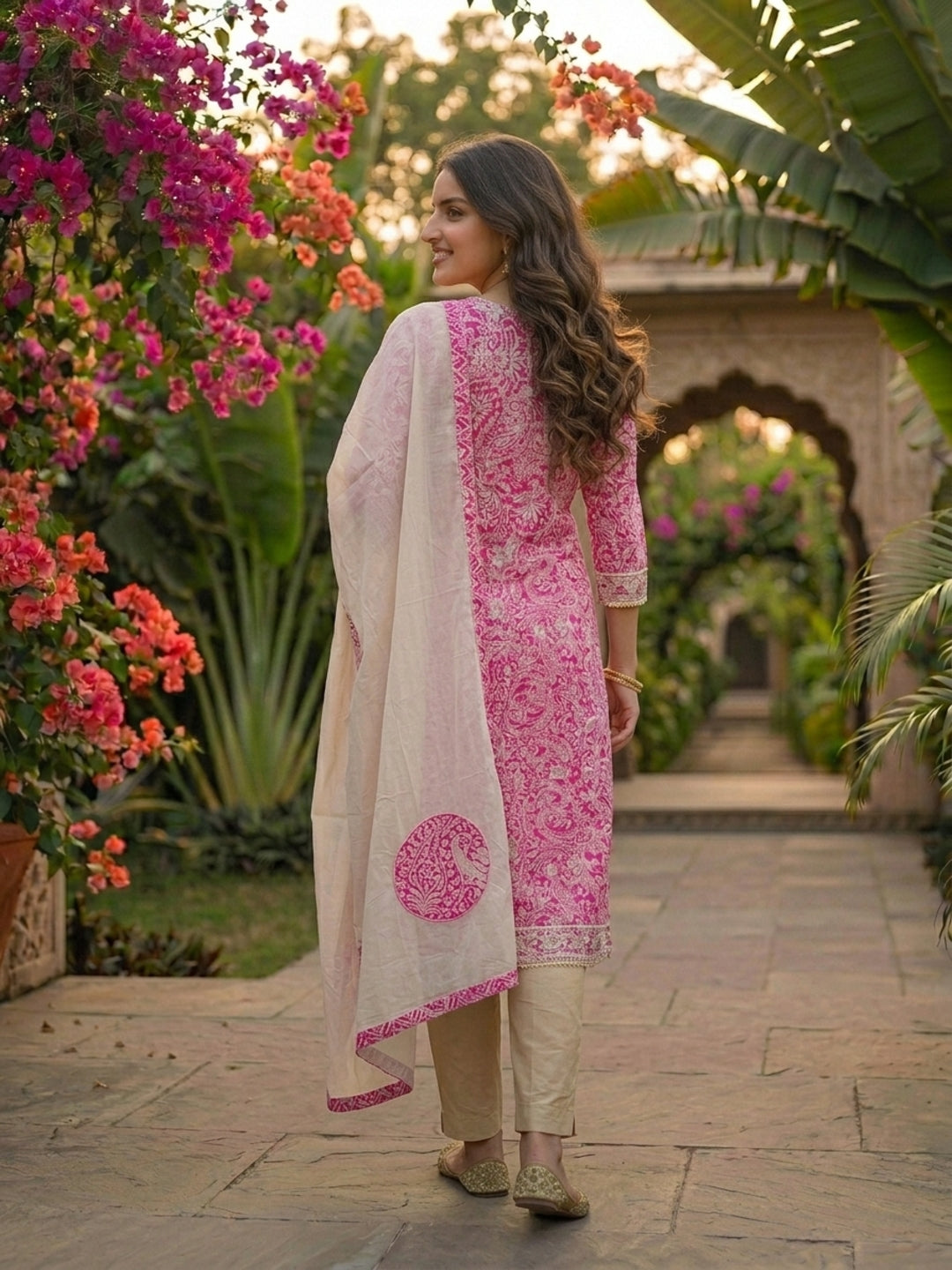 Ethnic Floral Printed Straight Kurta with Pant & Dupatta - Pink