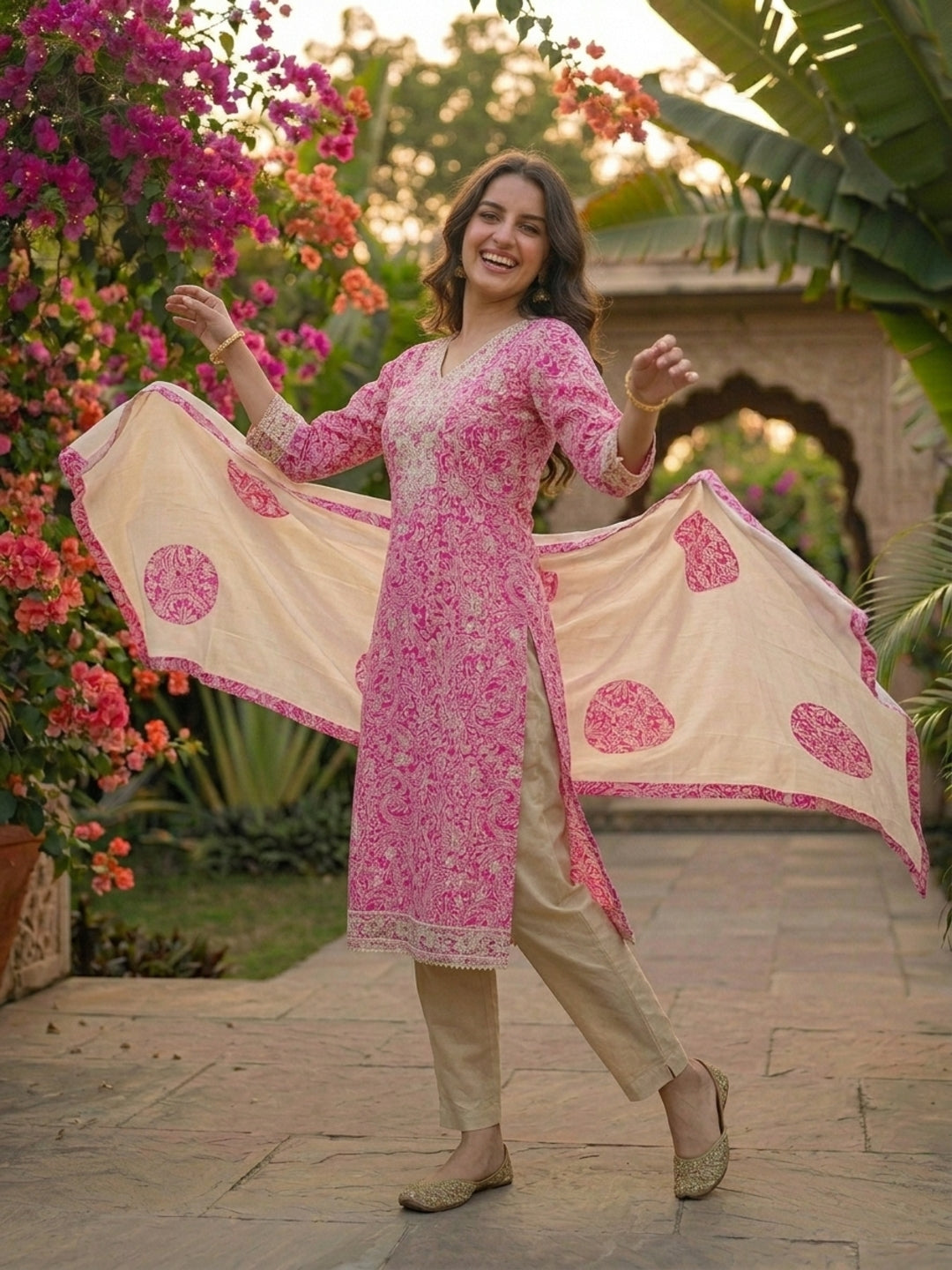 Ethnic Floral Printed Straight Kurta with Pant & Dupatta - Pink