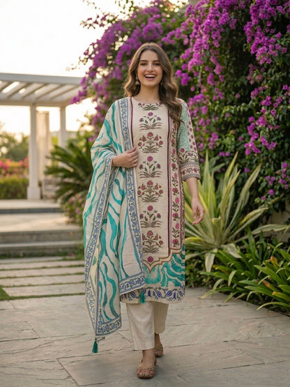 Ethnic Floral Printed & Embroidered Straight Kurta with Pant & Dupatta - Off White