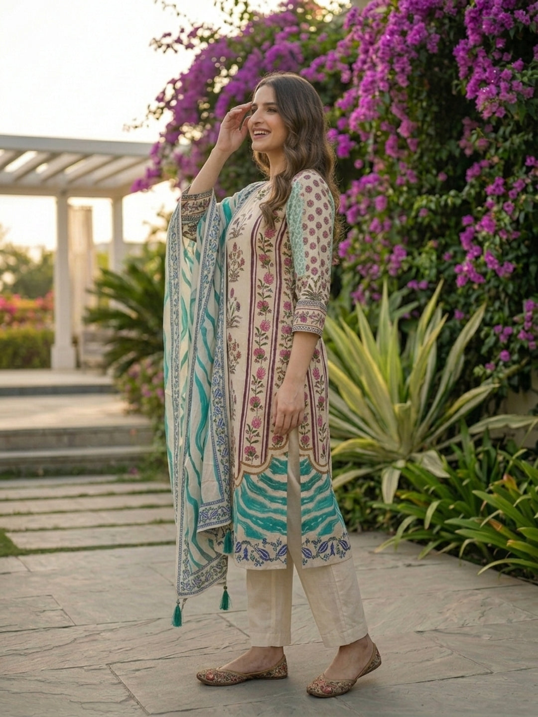 Ethnic Floral Printed & Embroidered Straight Kurta with Pant & Dupatta - Off White