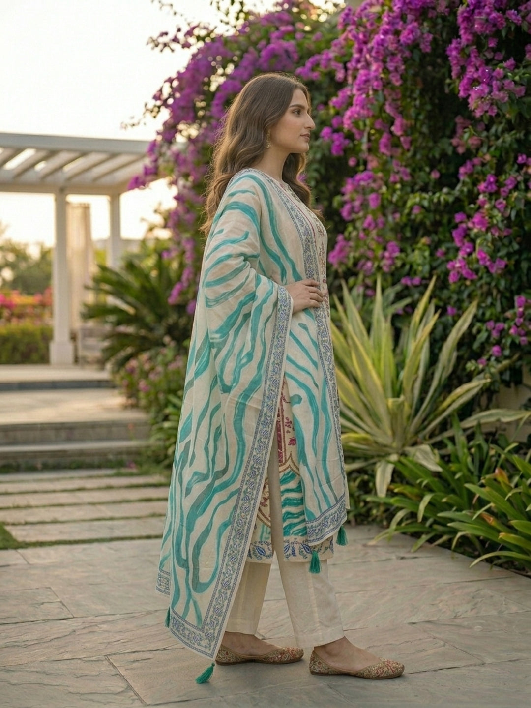 Ethnic Floral Printed & Embroidered Straight Kurta with Pant & Dupatta - Off White
