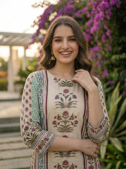 Ethnic Floral Printed & Embroidered Straight Kurta with Pant & Dupatta - Off White