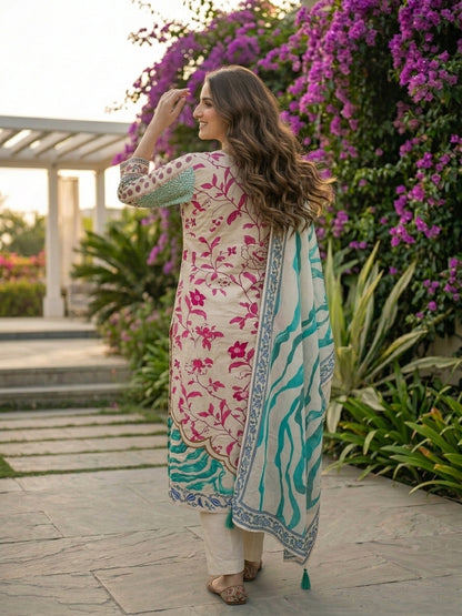 Ethnic Floral Printed & Embroidered Straight Kurta with Pant & Dupatta - Off White