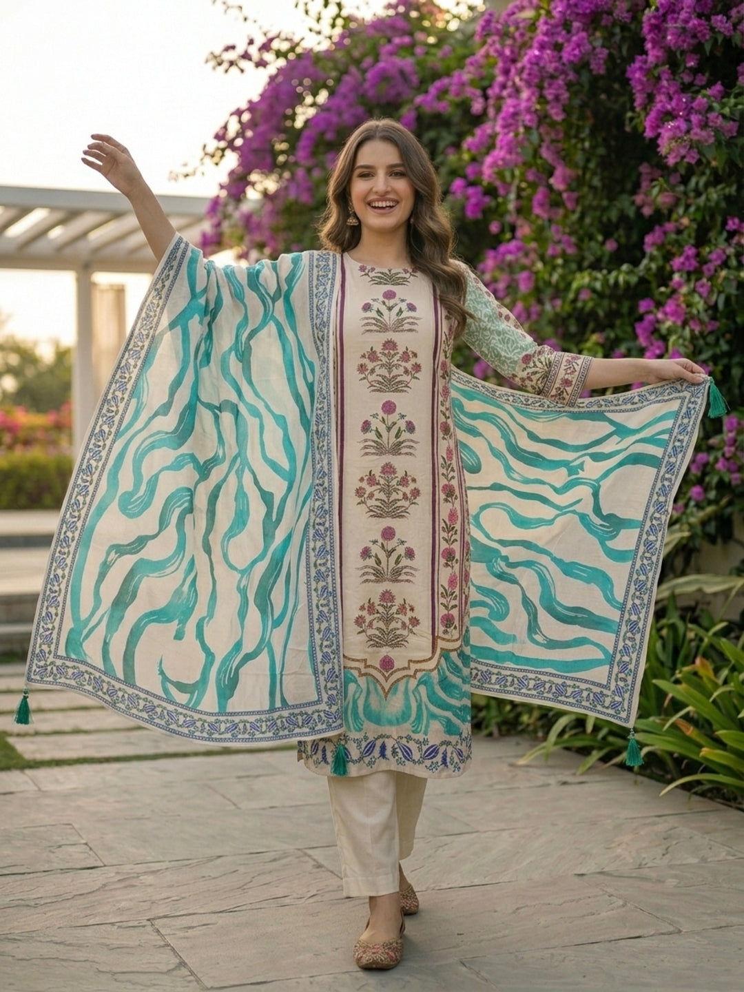 Ethnic Floral Printed & Embroidered Straight Kurta with Pant & Dupatta - Off White