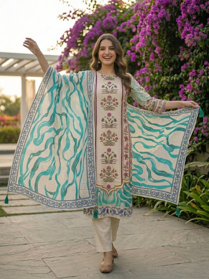 Ethnic Floral Printed & Embroidered Straight Kurta with Pant & Dupatta - Off White
